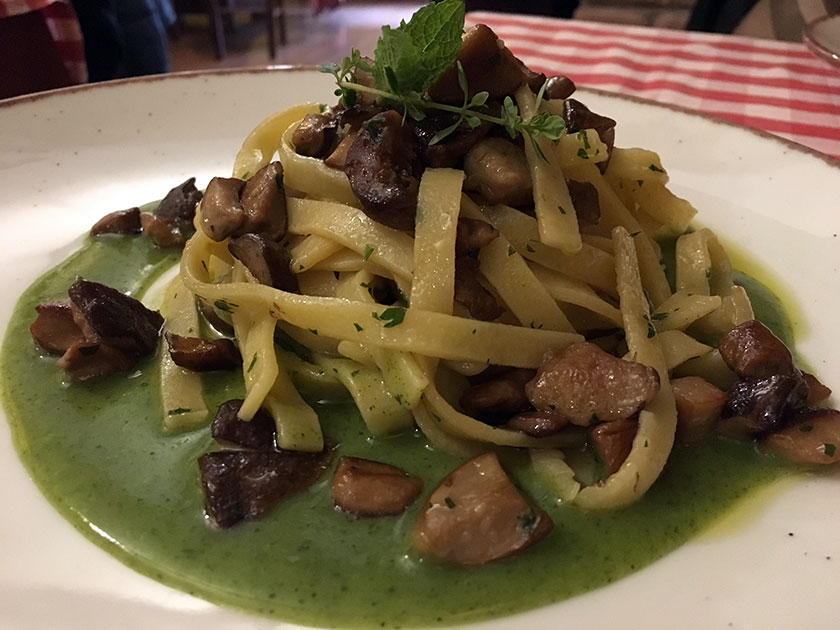 Tagliatelle ai funghi porcini su vellutata di patate e basilico