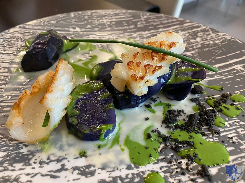 Calamaro CBT scottato con patata viola con fonduta di formaggio Brie e crema alla rucola