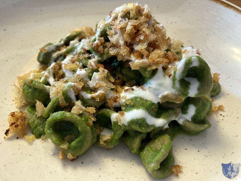 Orecchiette di grano arso con scarola burrata e pane alle acciughe