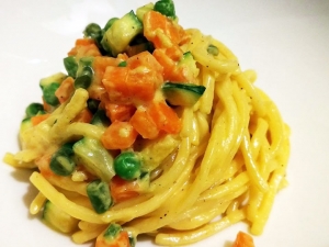 Orto Osteria dalla terra. Gubbio (Pg)-Spaghetti alla chitarra con carbonara di verdure