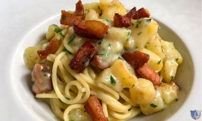 Spaghetti con patate e guanciale di maialino nero dei Nebrodi