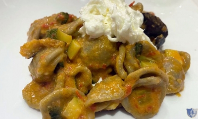 Peppe Zullo. Orsara di Puglia (Fg) - Orecchiette di grano arso con caponatina di verdure e stracciatella