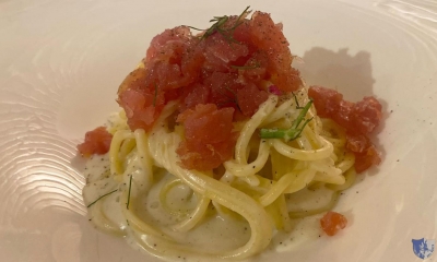 Ristorante Svevia. Termoli (Cb) - Spaghetti alla chitarra cacio e pepe con crudo di tonno e limone