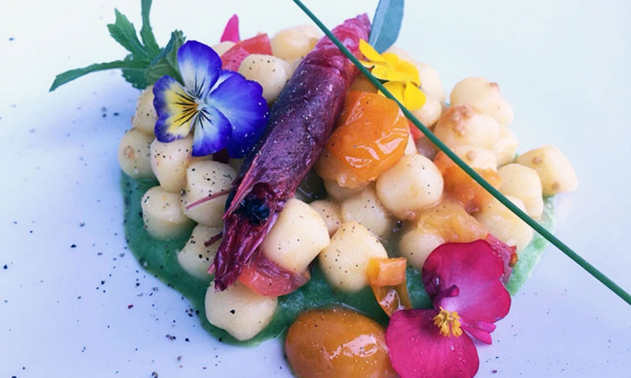 Gnocchi con crema di zucchine pomodorini gialli e gamberi di Mazara 