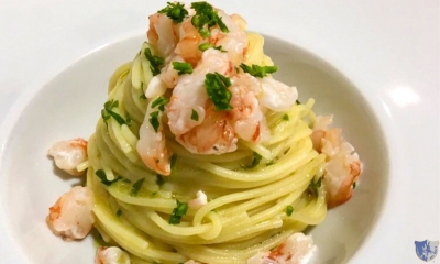 Spaghetti all’olio di oliva, limone e gamberi