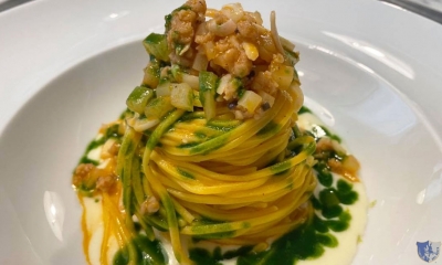 N'Ata Luna. Grottaminarda (Av) - Tagliolini ai 30 rossi con ragù bianco di totani e patate succo di prezzemolo acqua di provola e limone candito