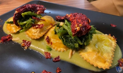 La Pignata. Ariano Irpino (Av) - Ravioli fritti al baccalà con due consistenze di broccoli, peperone crusco e paprika