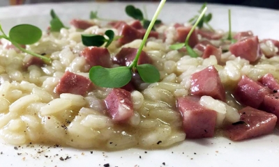 Riso acquerello con mortadella Santoro caciocavallo ubriaco e timo limonato